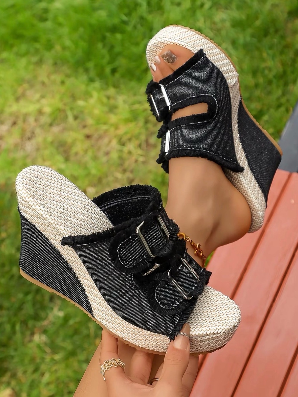 Chic Bohemian Denim Black Wedge Summer Sandals with Buckle Straps New Boutique